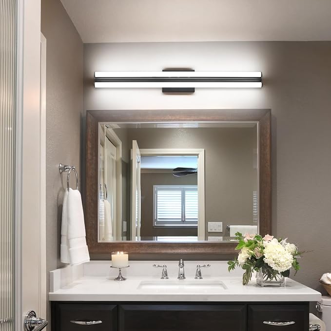 SOLFART Matte Black Bathroom Light Fixtures, Vanity Light Bar 32 Inch Black Vanity Lights Over Mirror, Black Modern LED Lighting for Bath Mirror, Cool ND