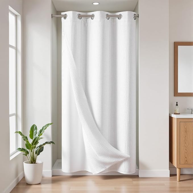River Dream Cotton Blend No Hook Shower Curtain with Liner, White, 36x74 | with Snap in Liner, Heavyweight Waffle, Hotel Grade for Stall Bathroom, Water Repellent, Corner Magnets, Machine Washable