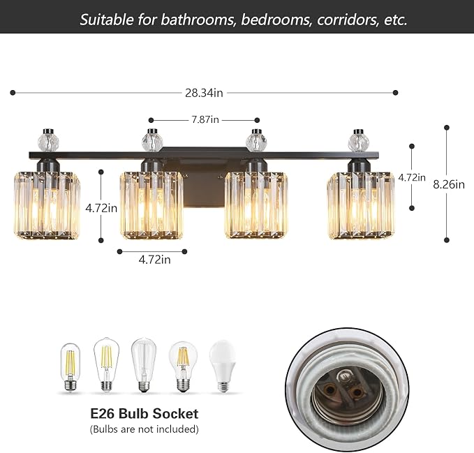 Vanity Lights 4-Light Modern Crystal Vanity Light Plating Black Bathroom Light Fixtures Over Mirror Crystal Bathroom Vanity Lighting Fixtures