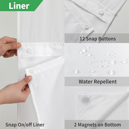 eachope No Hook Boho Arch Shower Curtain with Snap-in Liner Set,71x74,White | 230GSM Thick Fabric,Easy to Install,Sheer Window,Magnetic Weighted Hem,Waterproof & Machine Washable,for Bathroom,Hotel