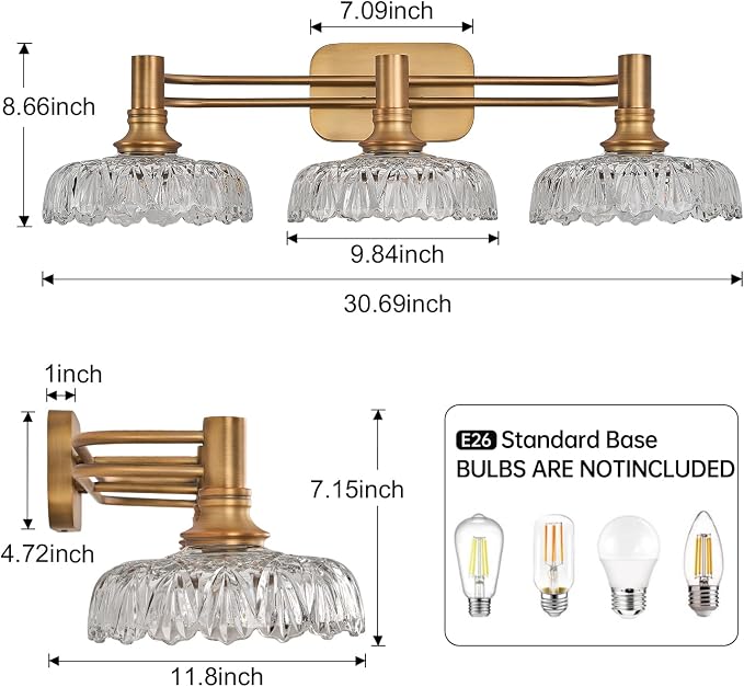 3-Light Bathroom Vanity Light Fixtures Vintage Brass Wall Light Fixtures Vanity Lights Over Mirror for Bedroom Living Room Bathroom
