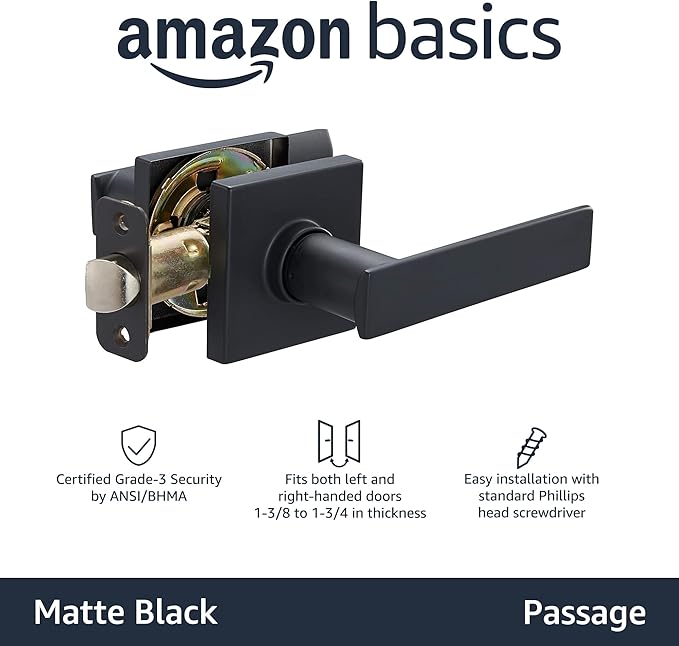 Amazon Basics Contemporary Stamford Passage Door Lever, Easy Installation, Matte Black, 1-Pack