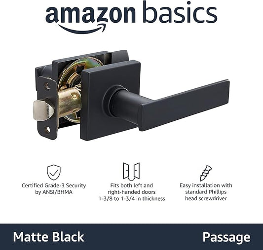 Amazon Basics Contemporary Stamford Passage Door Lever, Easy Installation, Matte Black, 1-Pack