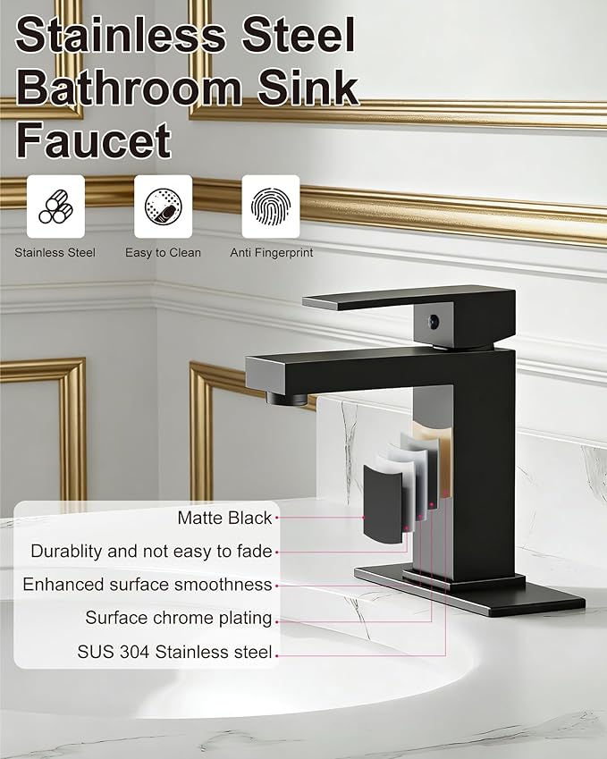 Midanya Bathroom Faucets 1 Hole, Single Handle Stainless Steel Bathroom Sink Faucet, Modern Vanity Faucets with Deck Plate,Water Supply Hoses and Pop Up Drain,Matte Black