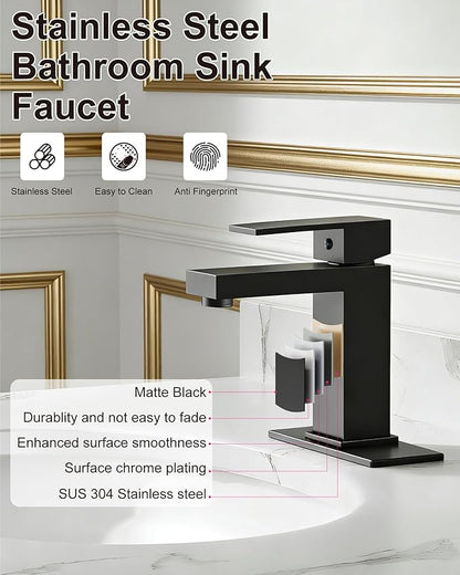 Midanya Bathroom Faucets 1 Hole, Single Handle Stainless Steel Bathroom Sink Faucet, Modern Vanity Faucets with Deck Plate,Water Supply Hoses and Pop Up Drain,Matte Black