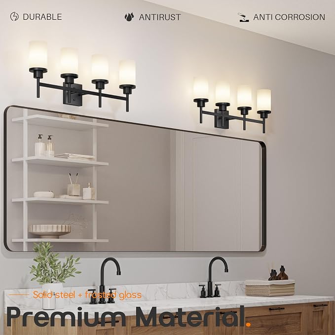 Wall Light Fixtures 4-Light Over Mirror, Matte Black Vanity Lights with White Frosted Glass Shade, Wall Sconces for Bathroom Kitchen T001MB-L4
