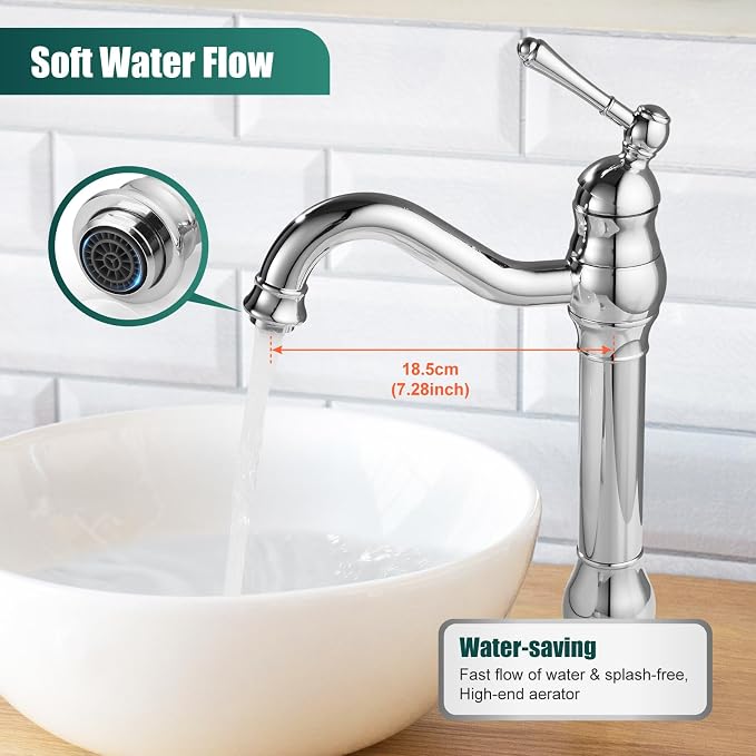 Heyalan Tall Vessel Sink Faucet, Single Handle 1-Hole,Polish Chrome | SUS304 stainless steel, 360° swivel spout, includes pop-up drain & hoses, deck mount 1-hole, tall design for vessel sink