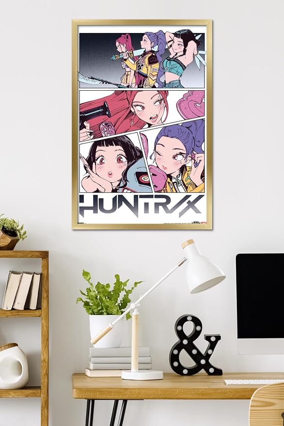 Trends International Netflix KPop Demon Hunters (2025) - Huntrix Manga Panels Wall Poster, 34L x 22.4W, Gold Framed Version