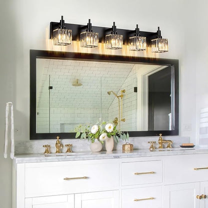 Black Crystal Bathroom Vanity Light 5-Light Modern Bathroom Lighting Fixtures Over Mirror Wall Light Fixtures
