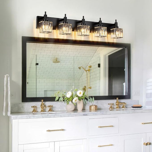 Black Crystal Bathroom Vanity Light 5-Light Modern Bathroom Lighting Fixtures Over Mirror Wall Light Fixtures