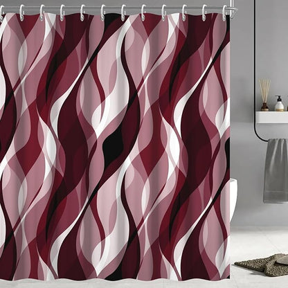 Burgundy Shower Curtain, Modern Abstract Ombre Burgundy Striped Shower Curtain Set for Bathroom Waterproof Shower Curtain with Hooks, 72x96 Inch