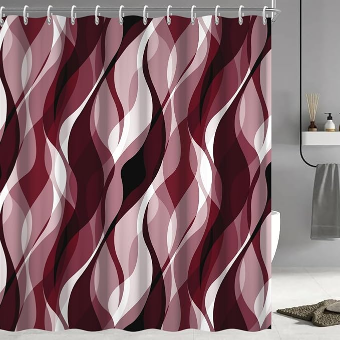 Burgundy Shower Curtain, Modern Abstract Ombre Burgundy Striped Shower Curtain Set for Bathroom Waterproof Shower Curtain with Hooks, 72x78 Inch