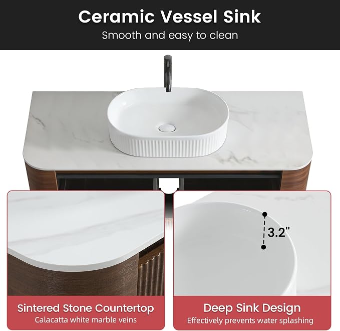 48" Floating Bathroom Vanity with White Sink, Rounded Edge, Walnut | Pre-Assembled Fluted Wall Mounted Vanity with Ceramic Vessel Sink, Rounded Edges, Soft-Close Drawer & Towel Rack