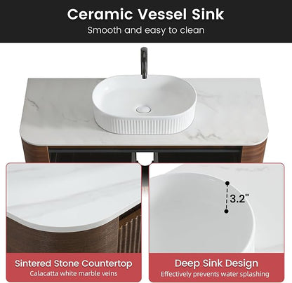48" Floating Bathroom Vanity with White Sink, Rounded Edge, Walnut | Pre-Assembled Fluted Wall Mounted Vanity with Ceramic Vessel Sink, Rounded Edges, Soft-Close Drawer & Towel Rack