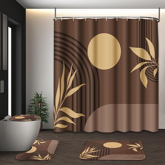 Bathroom Sets with Shower Curtain and Rug Boho 4 Pcs, Mid | Century Abstract Geometric Minimalist Bathroom Decor Set with Toilet Lid Cover, Non-Slip Bath Mats and Accessories 12 Hooks