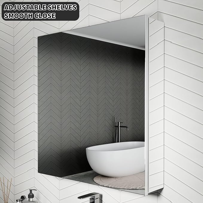 24x26 Inch Recessed Medicine Cabinet with Mirror, Aluminum Medicine Cabinet Mirror, Recessed or Surface Mount with 2 Adjustable Shelves Storage Organizer, Pre-Assembled Door, Soft-Closed System