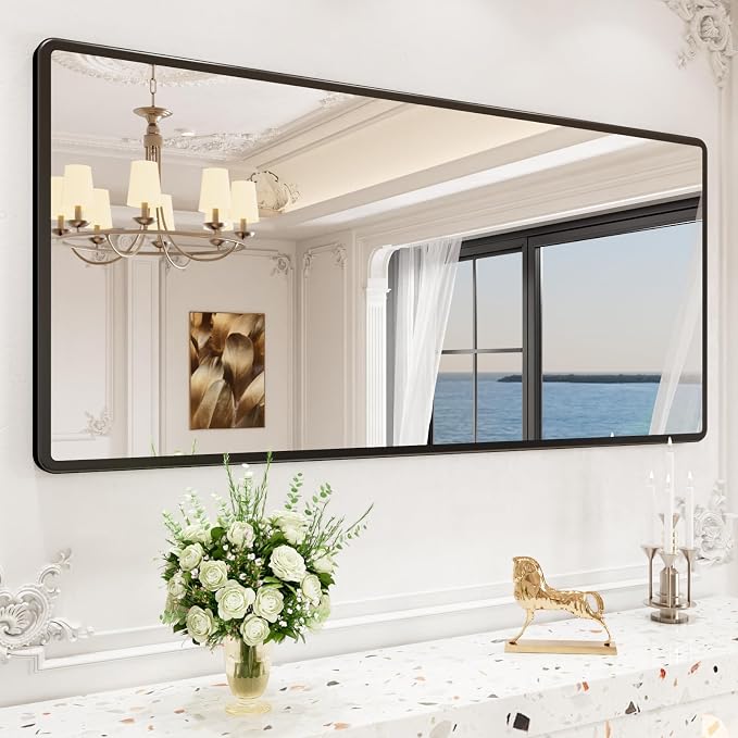 pertetey 60 x 28 in Rounded Rectangle Bathroom Mirror | Black Metal Frame, Tempered Glass, Wall Mounted