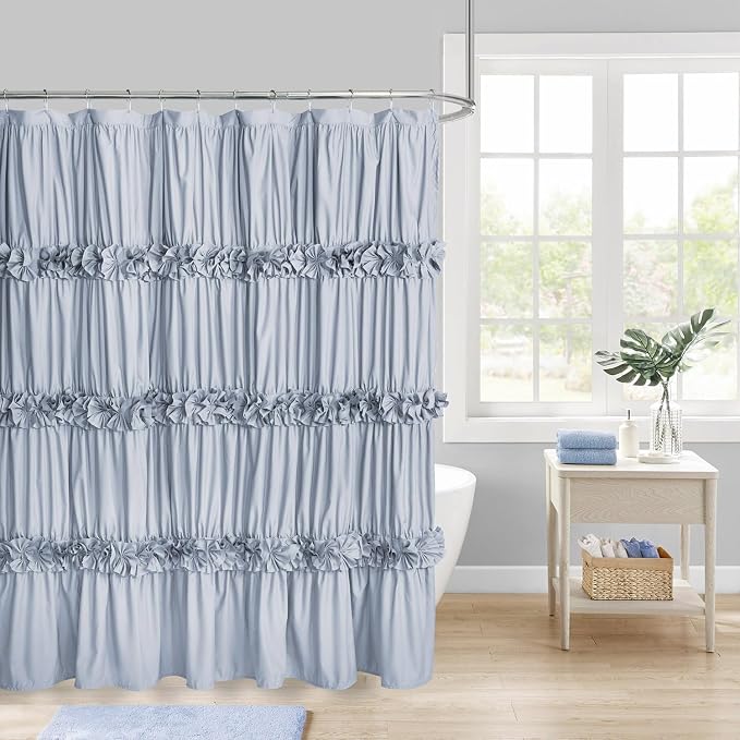 Homechoice Decor Fog Blue Ruffle Shower Curtain 72“ W x 84” H | Vintage Handcrafted Bow Tie Bath Curtain for Master Bathroom, Ruched Microfiber Bathroom Curtain with 12 Buttonholes (LQ-10)