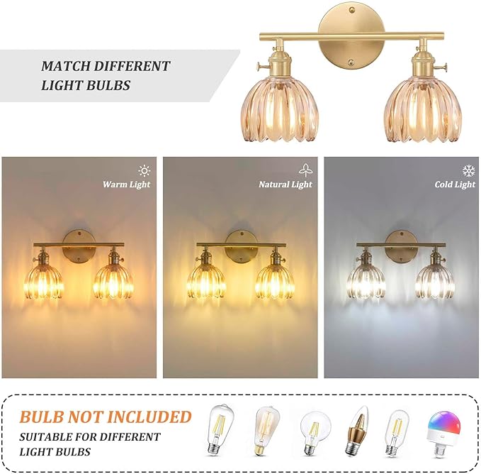 Bathroom Light Fixtures, 2-Light Brass Vanity wall Light Over Mirror with Amber Tulip Glass Shade for Bedroom Living Room (Bulb Not Included)