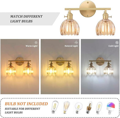 Bathroom Light Fixtures, 2-Light Brass Vanity wall Light Over Mirror with Amber Tulip Glass Shade for Bedroom Living Room (Bulb Not Included)
