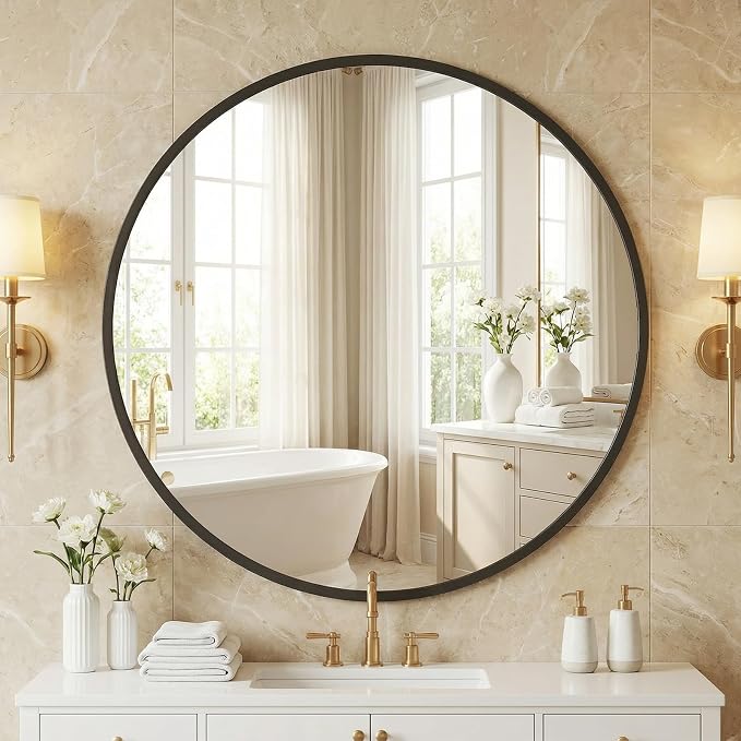 NEWBULIG 28 Inch Round Wall Mirror, Bathroom Mirrors for Over Sink | Metal Framed Circle Vanity Mirror, Wall Decor for Bedroom, Entryway, Anti-Rust, Tempered Glass, Hanging or Leaning, Black