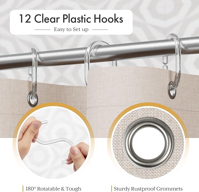 AmazerBath Boho Shower Curtain with Tassels, Beige Shower Curtains for Bathroom, Farmhouse Shower Curtain with Hooks, Faux Linen Rustic Shower Curtain Set, Water Repellent, 72x72 Inches