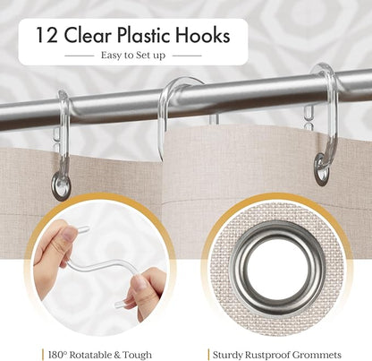 AmazerBath Boho Shower Curtain with Tassels, Beige Shower Curtains for Bathroom, Farmhouse Shower Curtain with Hooks, Faux Linen Rustic Shower Curtain Set, Water Repellent, 72x72 Inches