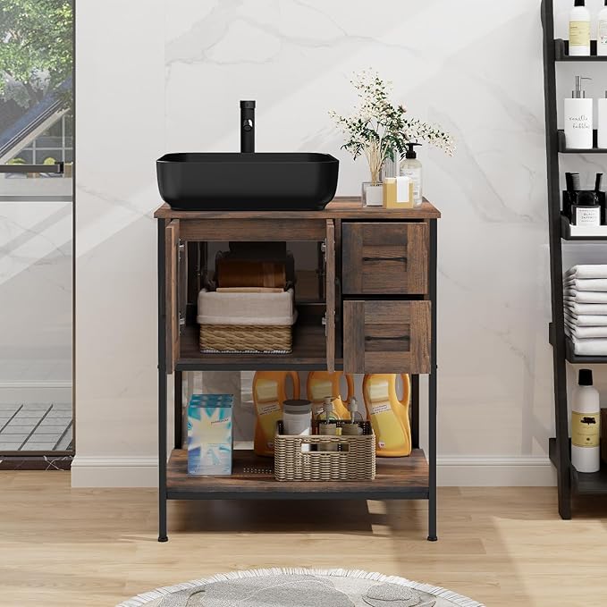 YOURLITE Bathroom Vanity, 30" Rustic Brown Bathroom Vanity with Sink Combo Set, Farmhouse Modern Wood Bathroom Cabinet with Black Ceramic Sink