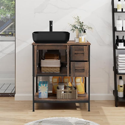 YOURLITE Bathroom Vanity, 30" Rustic Brown Bathroom Vanity with Sink Combo Set, Farmhouse Modern Wood Bathroom Cabinet with Black Ceramic Sink