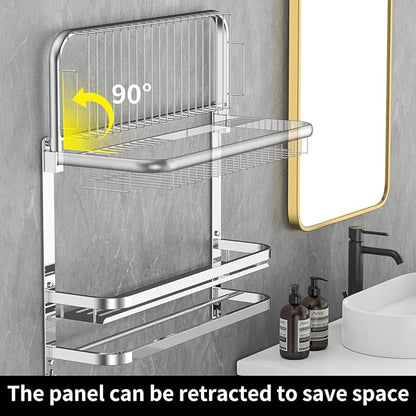Foldable 23.22 Inch Rowel Rack Wall Mounted with Bathroom Shower Shelves Stainless Steel Towel Bar Without Drilling and Screw Installation (Silvery)