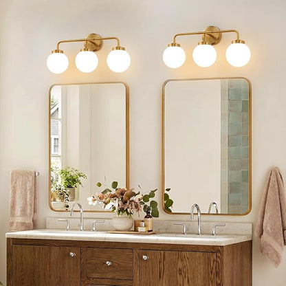 Modern Brushed Gold Vanity Lights for Bathroom, Mid Century 3 Light Bathroom Vanity Light with Globe Milky White Glass Shade Over Mirror, Brass Wall Sconce for Bathroom Hallway Living Room Bedroom