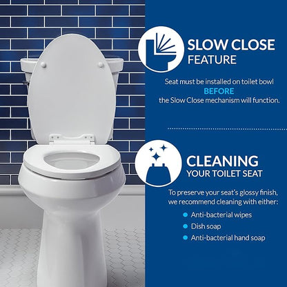 Mayfair Universal Size Slow Close Toilet Seat, Durable Plastic, Fits Round & Elongated Toilets, White