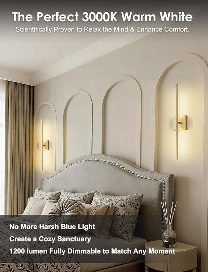 24.4 Inch Hardwired Wall Sconces Set of Two, 3000K Warm White Dimmable Modern Wall Sconces, 350° Rotate LED Light Fixtures Wall Lamp for Bathroom Living Room Bedroom Bedside, Gold