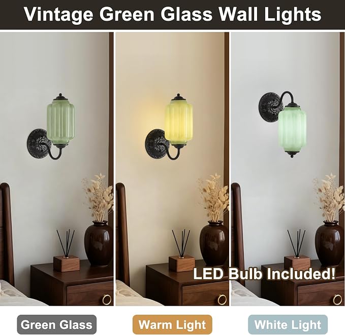 Green Glass Sconce Set of 2 Vintage Vanity Sconces Bulb Included | Green Glass Art Deco Antique Wall Sconce Wall Light for Bedroom Bathroom Living Room Entryway Antique Black and White 2 Pack