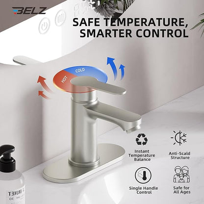 BELZ Bathroom Faucet, Single Handle Matte Black Sink Faucet for 1 or 3 Hole Installation, Modern Lead-Free Metal Vanity Faucet with Pop-Up Drain & Supply Hoses Brushed Nickel