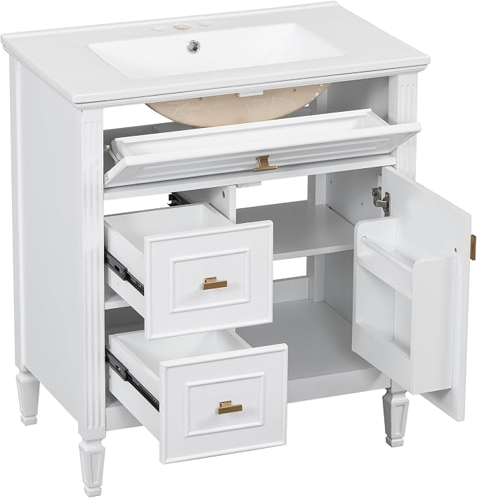 30" Bathroom Vanity with Ceramic Sink, Undermount Single Basin Bath Vanity Set w/1 Flip-Up & 2 Drawers,Modern Freestanding Storage Cabinet w/Adjustable Shelf,Solid Wood Frame,White