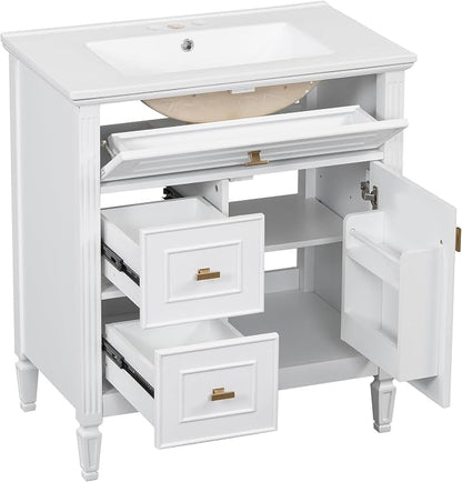 30" Bathroom Vanity with Ceramic Sink, Undermount Single Basin Bath Vanity Set w/1 Flip-Up & 2 Drawers,Modern Freestanding Storage Cabinet w/Adjustable Shelf,Solid Wood Frame,White