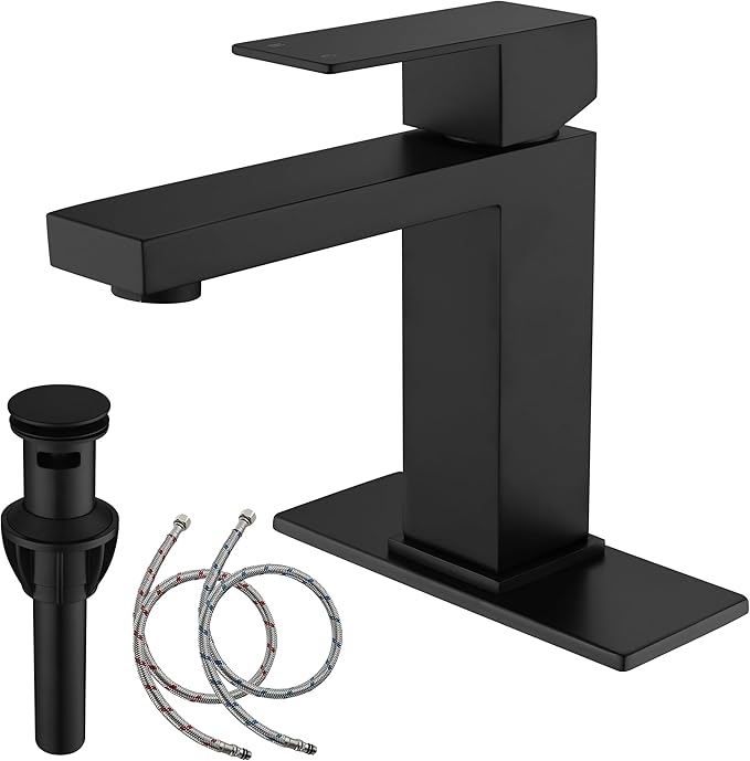 Black Faucet Bathroom, Stainless Steel Matte Black Bathroom Faucet Single Hole with Pop Up Drain, Single Handle Faucet AML-1141-BK