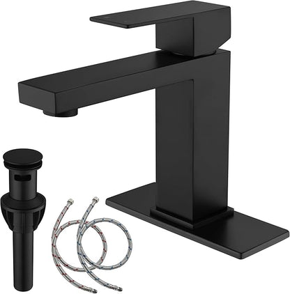 Black Faucet Bathroom, Stainless Steel Matte Black Bathroom Faucet Single Hole with Pop Up Drain, Single Handle Faucet AML-1141-BK