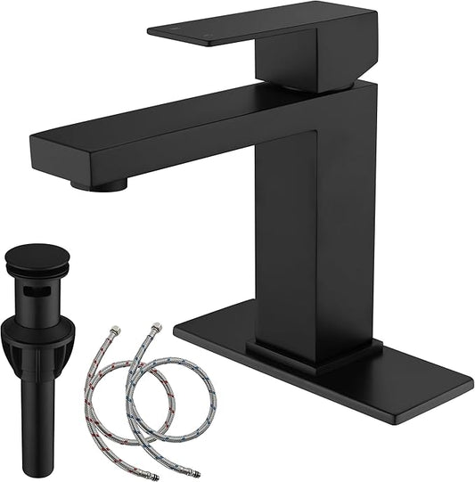 Black Faucet Bathroom, Stainless Steel Matte Black Bathroom Faucet Single Hole with Pop Up Drain, Single Handle Faucet AML-1141-BK