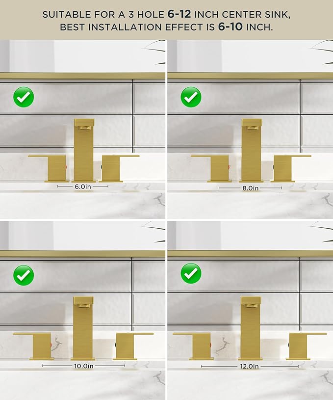 QFN Lead-Free Gold Bathroom Faucet 3 Hole, Square Bathroom Sink Faucet 8 Inch Widespread, 2 Handle for 6"-12" Vanity Sink with Metal Pop Up Drain and 24" cUPC Supply Hoses
