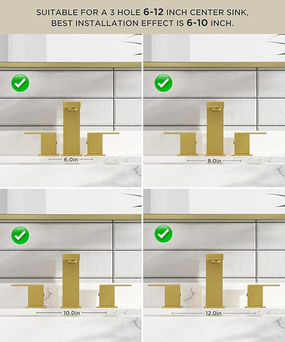 QFN Lead-Free Gold Bathroom Faucet 3 Hole, Square Bathroom Sink Faucet 8 Inch Widespread, 2 Handle for 6"-12" Vanity Sink with Metal Pop Up Drain and 24" cUPC Supply Hoses