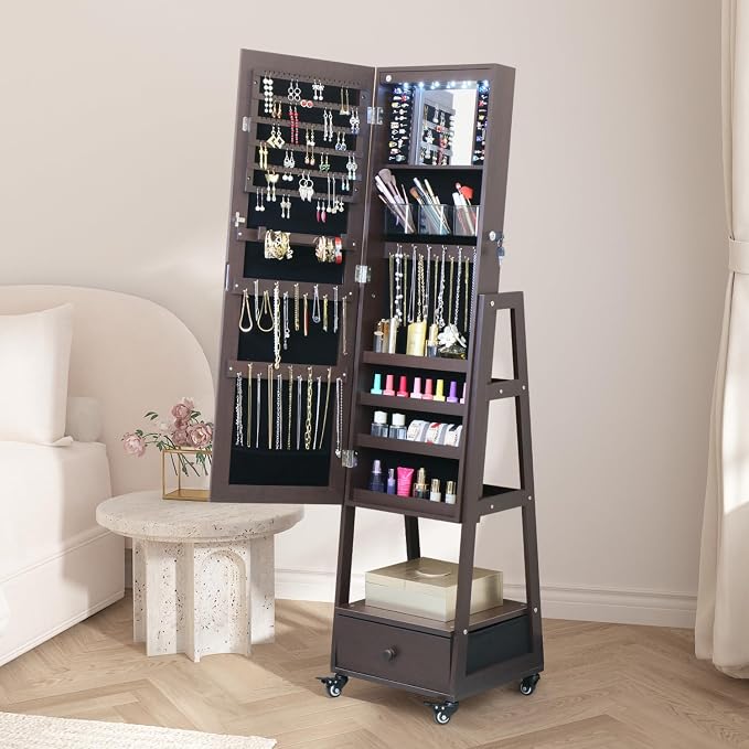 Jewelry Armoire Organizer 62 Inch Full Length Mirror with Standing Mirror Jewelry Cabinet Lockable Jewelry Storage Cabinet With Drawer Wheels Brown