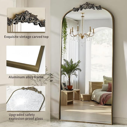 Dewfig Arched Full Length Mirror, 71"x28" Floor Mirror with Carved, Bronze | Antique Full Body Mirror, HD Shatterproof Tempered Glass, Lean/Stand/Wall for Bedroom, Living Room, Cloakroom, Home Decor
