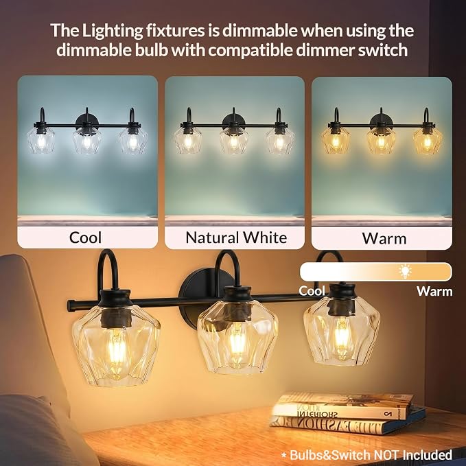 Matte Black Vanity Light, 3 Light Bathroom Light Fixtures with Clear Diamond-Shape Hammered Glass, Black Vintage Ripple Wall Lights for Hallway, Bedroom, Anti-Rust, E26 Base (No Bulbs)
