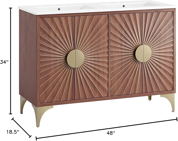 Modway Daylight Bathroom Vanity Cabinet with Ceramic Basin, 48" Double Sink, White Walnut