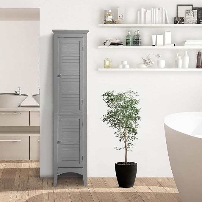 Teamson Home Glancy Tall Slim Freestanding Double Tier Floor Linen Cabinet with 1 Adjustable and 3 Fixed Interior Shelves 5 Storage Spaces and 2 Louvered Doors, Gray