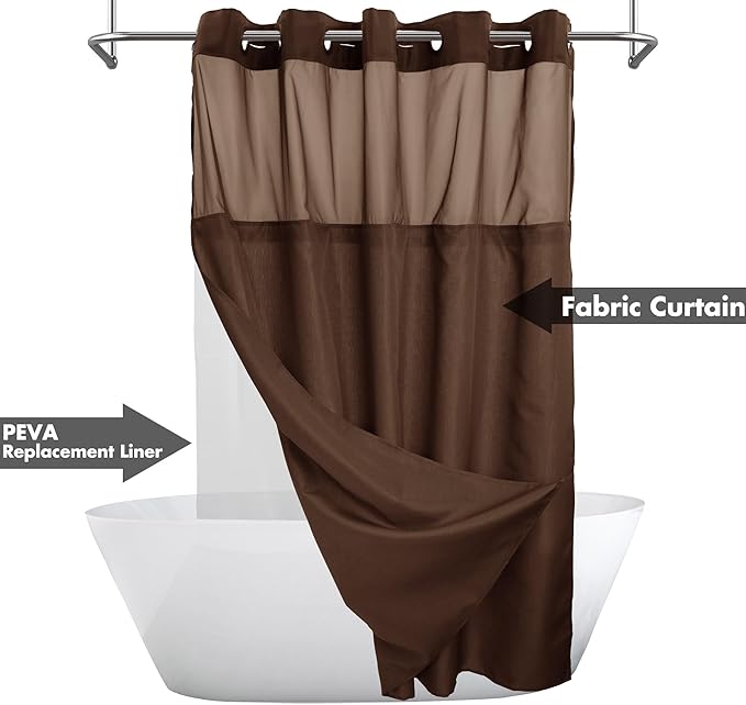 River Dream No Hook Slub Textured Shower Curtain with Snap-in PEVA Liner Set - 71" x 74"(72"), Hotel Style with See Through Top Window, Machine Washable & Water Repellent, Chocolate Brown, 71x74