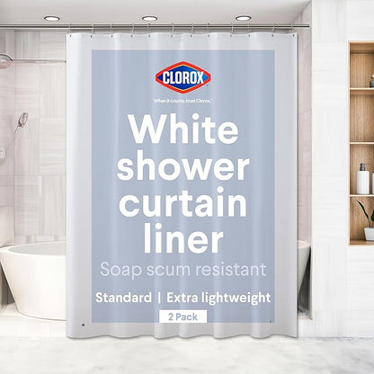 CLOROX Shower Curtain Liner, Premium Lightweight Flexible Waterproof 3g PEVA for Bathroom with Weighted Magnets, Standard Size 70" x 72", White 2 Pack