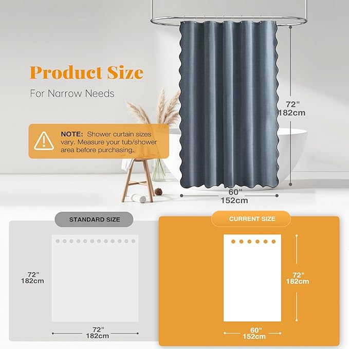 BTTN Stall Shower Curtain, 60x72 Boho Scalloped Linen Textured Thick Fabric Shower Curtain Set with 10 Hooks, Small Country Bohemian Farmhouse Waterproof Cloth Shower Curtains for Bathroom, Blue Grey